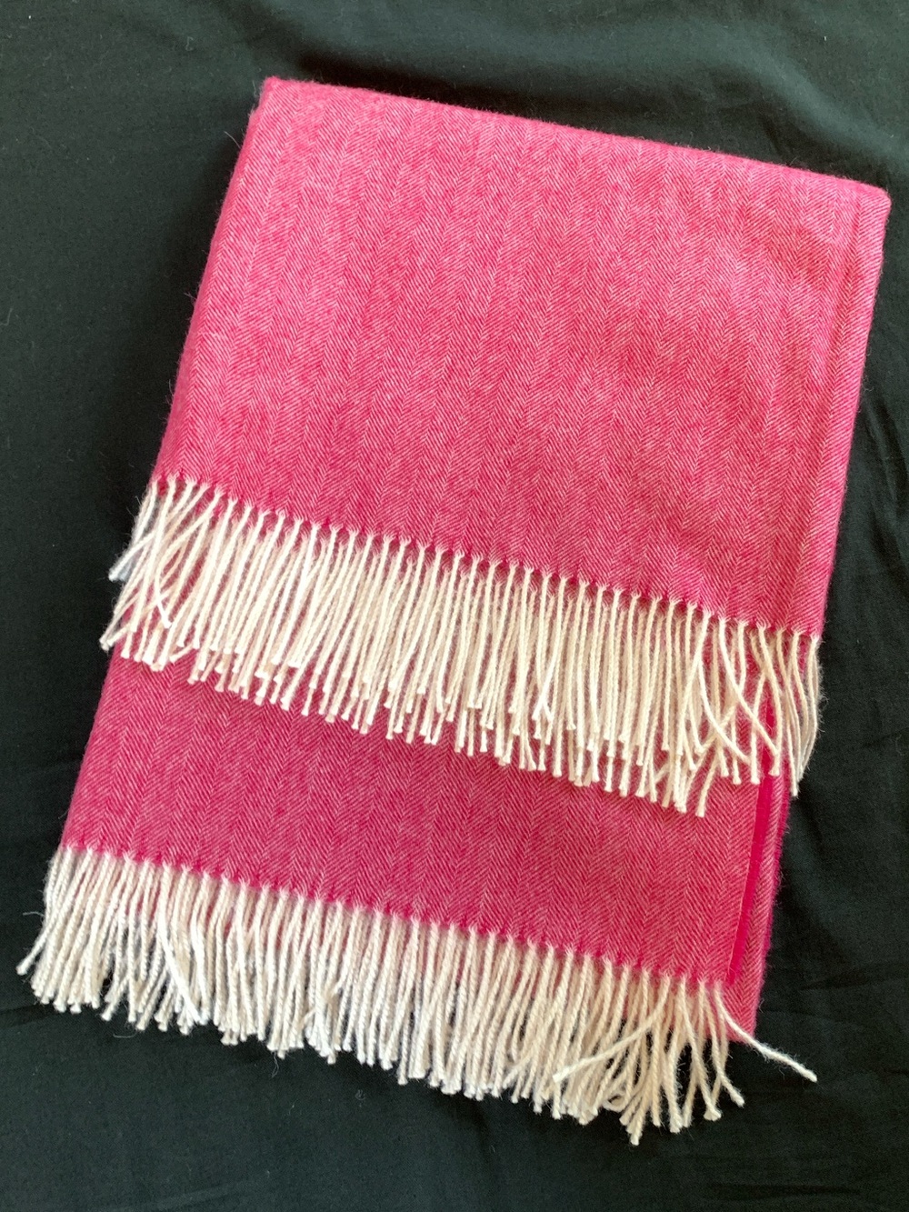 Soft Pink & Cream Herringbone Wool Blend Throw Blanket w/ Fringe 52.5”x67